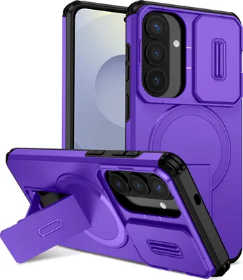 Obrázek produktu pro Magnetické pouzdro pro Samsung Galaxy S26+, dvouvrstvé odolné pouzdro s posuvnou ochranou fotoaparátu a nastavitelným stojánkem Fialová