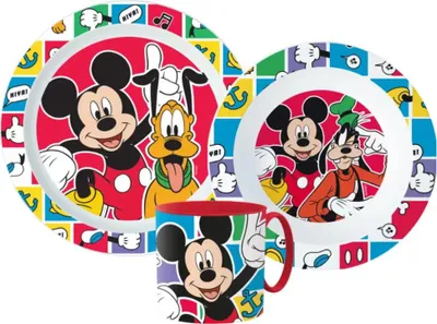 Produktbild von Mickey Maus Pluto Goofy Kinder Geschirr-Set 3 teilig Becher Teller Schüssel