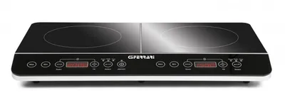 A product shot of a double induction hob on a white background.