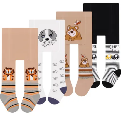 Productafbeelding van L&K-II, 4-delige set babykousen. Kousen voor babyjongens met afbeeldingen van honden, leeuwen en apen