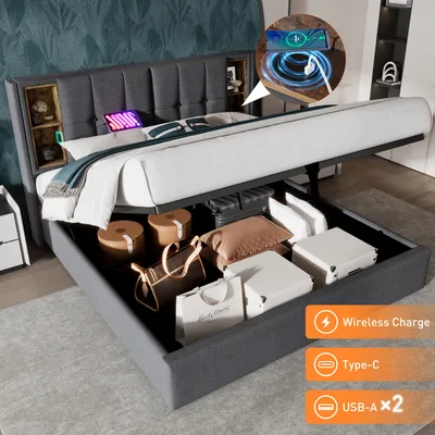 Obrázek produktu pro Flieks čalouněná postel 160x200cm s USB a typem C, hydraulická skříňová pružinová postel s roštovým rámem, manželská postel pro mládež, dřevěná postel, bavlna, šedá barva
