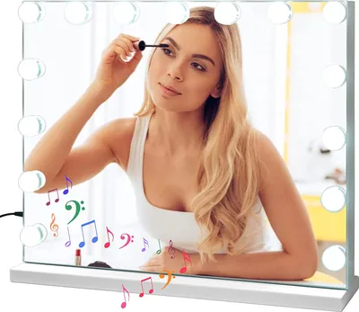 Produktbild von GOPLUS Spiegel mit 15 LED-Beleuchtung, 46x58cm Schminkspiegel mit 2 kabellosen Lautsprecher & USB-Ladeanschluss, Dimmbarer Kosmetikspiegel