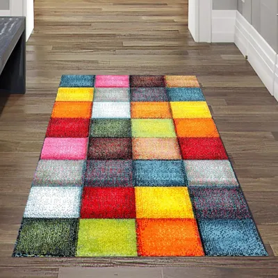 Produktbild von Teppich modern Teppich Wohnzimmer Karo Design Multifarben Größe - 80 x 150 cm