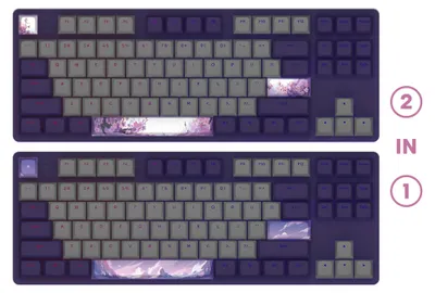 Two keyboards are shown side-by-side, each with a different decorative design on some of the keys.