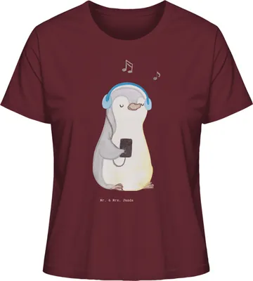 Produktbild von Mr. & Mrs. Panda Damen T-Shirt Pinguin Musik hören Größe M - Burgundy - Geschenk, Basic, Oberteil, Shirt, Lieblingssong, Kurzarmshirt, für Frauen