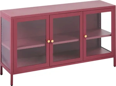 Produktbild von BELIANI Metallschrank Dunkelrot Stahl mit Glasfront 35 x 115 x 65 cm Sideboard mit Griffen 3 Türen 2 Regalböden Wohnzimmer Büro Arbeitszimmer Flur Bad