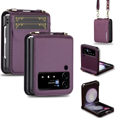 A collage of images showing a purple flip phone case from different angles, including one with a crossbody strap and card slots, and another showing the phone open.