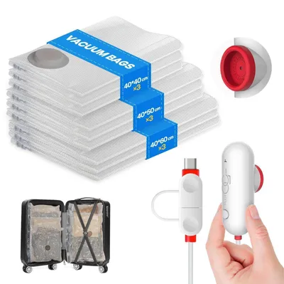 Immagine prodotto di Sacchetti sottovuoto per abbigliamento con pompa USB, confezione da 9 pezzi, ideali per il viaggio, disponibili in 3 diverse dimensioni, per un risparmio di spazio fino all'80%