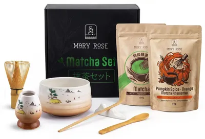 Produktbild von Mary Rose - Matcha Tee Set Premium 100g & Pumpkin Spice 50g - Mit Sangaku Schale 500ml, Chasen, Kusenaoshi & Chashaku - Geschenkset