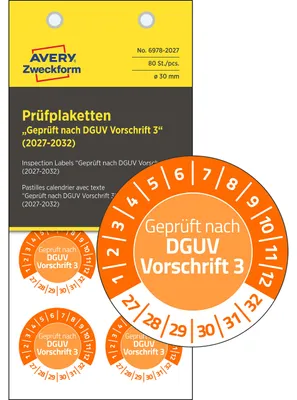 Produktbild von Avery Zweckform 6978-2027, Prüfplaketten, ? 30 mm, 80 Prüfplaketten / 10 Bögen, orange