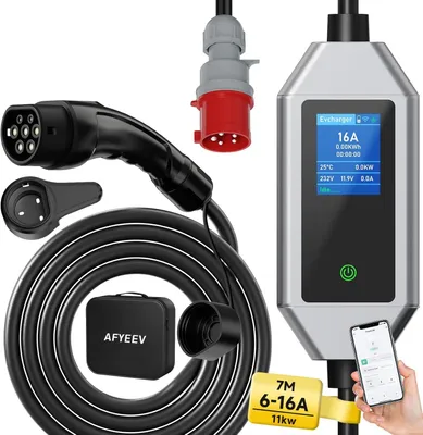 Immagine prodotto di Cavo di ricarica elettrica tipo 2 – caricabatterie mobile trifase da 11 kW, con una lunghezza di 7 metri e controllo tramite app