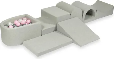 Produktbild von Größtes Schaumstoff-Spielset mit Mikro-Bällepool – hellgrau mit Bällebadbällen 100 Stück / Perle, Silber, Hellrosa
