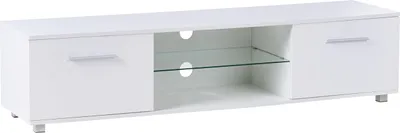 Produktbild von BELIANI TV-Möbel Weiß MDF-Platte 160 cm Lang mit LED-Beleuchtung Kabelführung 2 Offene Fächer Glasplatte 2 Türen Stehend TV-Lowboard Fernsehtisch