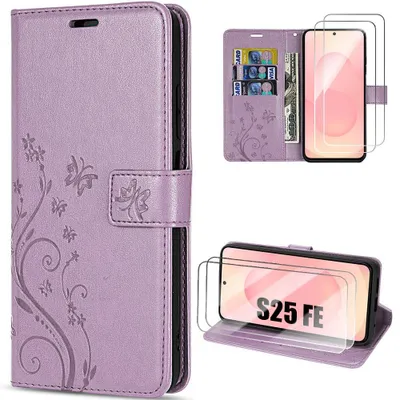 Image de Coque + 2 Verres Trempés pour Samsung Galaxy S25 FE, Cuir Synthétique Motif Relief Floral Papillon - Violet