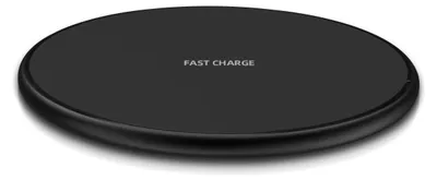 A black wireless charging pad with the words "FAST CHARGE" printed on it, shown from a slightly elevated angle against a white background.