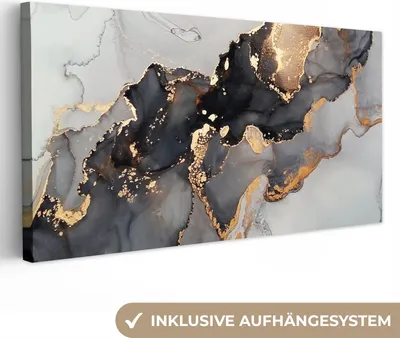 Produktbild von MuchoWow® - Leinwandbilder - Schwarz - Marmor - Luxus - Gold, Wandbild, Wanddeko Bilder Wohnzimmer, 80x40 cm