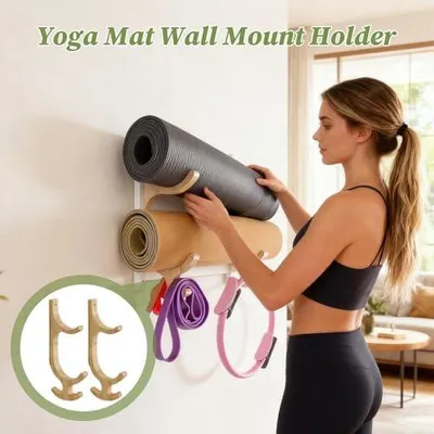Produktbild von Wand-Yoga-Halterung - Aufbewahrungssystem mit 4 Haken mit robuster Holzkonstruktion, vielseitige Anzeigeoptionen, Montageprozess, langlebige Oberfläche | ideal für Matten