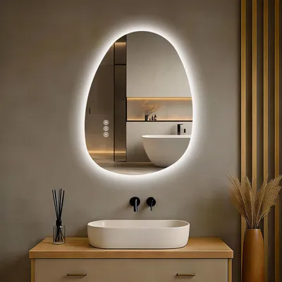 Zdjęcie produktu dla S'AFIELINA 60×45 cm Lustro asymetryczne LED - Lustro łazienkowe z oświetleniem, funkcją ściemniania, do montażu poziomego/pionowego, przeciwmgielne, do łazienki i przedpokoju