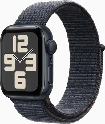 A close-up studio shot of a smartwatch with a dark blue case and a dark gray woven band, displayed against a white background.
