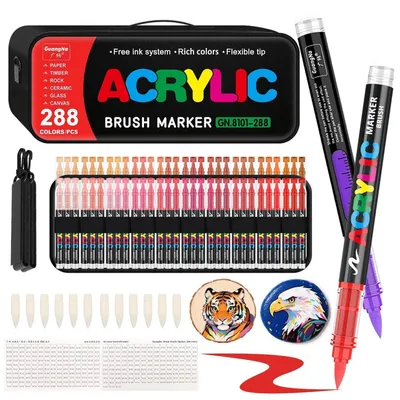 Produktbild von Acrylfarbstifte 288 Farben, flüssige Farbmarker mit flexibler Pinselspitze, Malstifte für Erwachsene, Steinmalerei
