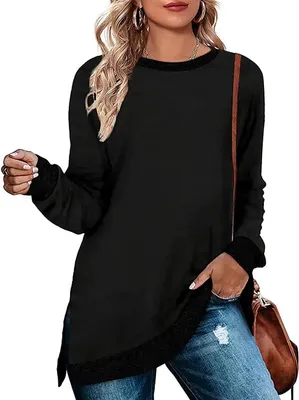 Produktbild von ASKSA Damen Langarmshirt Rundhals Einfarbiges Blusen Freizeit Langarm Lose Tunika Pullover, Schwarz, M