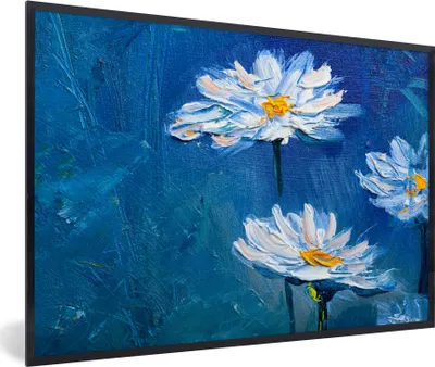Produktbild von MuchoWow® Gerahmtes Poster Gemälde - Ölfarbe - Blumen - Blau 90x60 cm - Poster mit Schwarzem Bilderrahmen Wandposter Rahmen Foto Bilder - Fotorahmen - Foto-Plakat