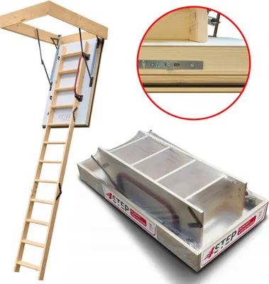 A collage showing a wooden attic ladder extended from an opening, a close-up of its hinge mechanism, and the ladder packed in its box.