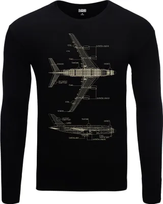 Produktbild von Herren Warm, Langarm-T-Shirt mit Druck Flugzeuglegende Schwarz Gr.L