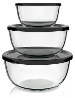 Produktbild von Arendo Salatschüssel 3er Set mit Deckel, Glasschüssel 1,1L / 2,7L / 4,4L, Glas Rührschüssel, Glas, Glasschale, BPA-frei, Mikrowellen- und spülmaschinengeeignet