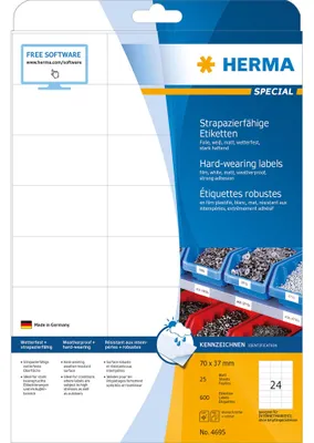 Obrázok produktu pre HERMA Special - Matný - permanentný samolepiaci - biely - 70 x 37 mm 600 štítkov (25 listov x 24)