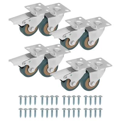 A collage of casters and screws against a white background.