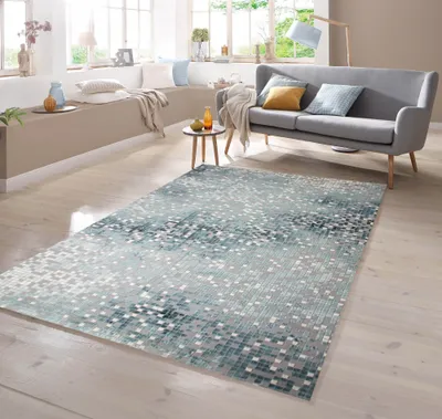 Produktbild von Designer Teppich mit Konturenschnitt Kariert in Grau Türkis Creme Größe - 80 x 300 cm