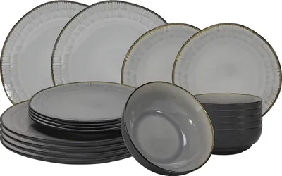 Produktbild von Studio Tavola Kombiservice Kos 18-teilig – Geschirr-Set für 6 Personen – Hochwertige Keramik Schwarz/Grau – Spülmaschinenfest & Mikrowellengeeignet