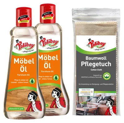 Produktbild von Poliboy 2er Möbel Öl + Baumwolltuch - Holzpflegemittel für Naturmöbel - ohne Lösemittel - 2x200 ml - 4420001