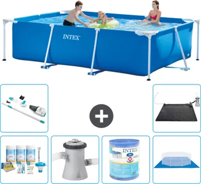 Produktbild von Intex-Schwimmbecken mit rechteckigem Rahmen – 300 x 200 x 75 cm – Blau – im Lieferumfang enthalten Wartungspaket - Filterpumpe für Schwimmbad - Filter - Bodenplane - Staubsauger - Solarmatte