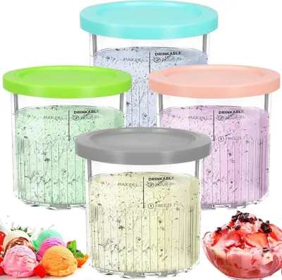 Produktbild von Für Ninja Creami Deluxe Behälter NC501EU 4er-Pack Eiscrememaschinenbehälter, Creami Pint-Behälter mit Deckel, Spülmaschinenfest (Grau/Rosa/Blau/Grün) | Eismaschine Küche Eis Herstellen