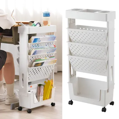 Produktbild von Mobiles Bücherregal mit 5 Ebenen und Rollen – Bücherwagen, Dokumentenwagen, Aufbewahrungswagen für Zuhause und Büro