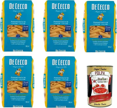 Produktbild von De Cecco Pennoni Lisci N°38, 100% Italienisch Pasta Nudeln 5x 500g + Italian Gourmet Polpa 400g