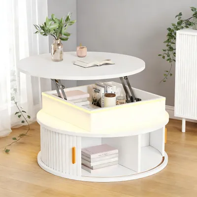 Obrázek produktu pro MODFU Výškově nastavitelný konferenční stolek 75×75×52 cm, bílý stolek s LED přes aplikaci, kulatý odkládací stolek s úložným prostorem a roletami