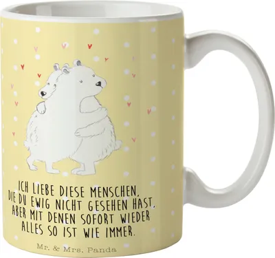Produktbild von Mr. & Mrs. Panda Kaffeetasse Eisbär Umarmen - Gelb Pastell - Geschenk, Kaffeepott, Teetasse, Becher, Keramikbecher, Lustige Sprüche, Tasse