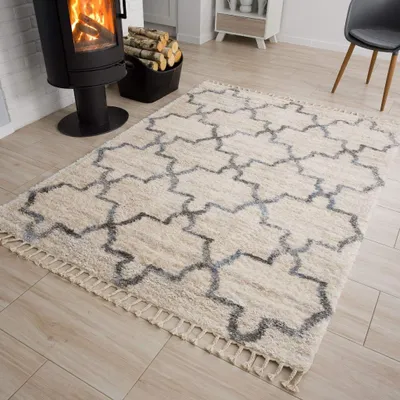 Immagine prodotto di Tappeto soggiorno camera da letto beige crema a pelo alto a pelo lungo con frange 140 x 200 cm