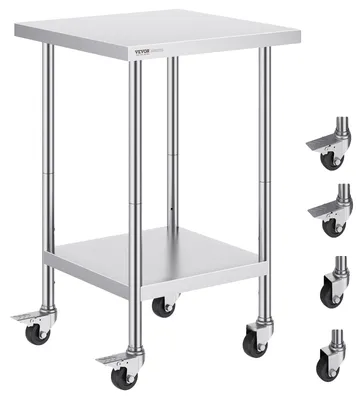 Zdjęcie produktu dla Stół roboczy ze stali nierdzewnej VEVOR, 61 x 61 x 96,5 cm, stół gastronomiczny z 4 kółkami, 3 regulowane wysokości, stół roboczy do przygotowywania żywności dla kuchni komercyjnych i restauracji