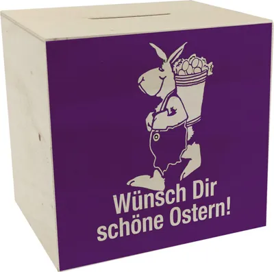 Produktbild von Osterhase Spardose aus Holz mit Spruch: Wünsch dir schöne Ostern!