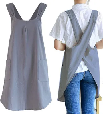 Produktbild von Küchenschürze mit Tasche Baumwolle und Leinen Schürze Japanischer Stil Kreuz Bandage Einfarbige Kochen Backen Schürze Gärtnern für Damen Männer,Damen Dunkelgrau