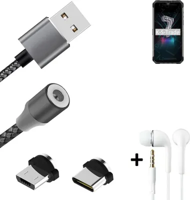 Produktbild von K-S-Trade® Hochwertiges Magnet-Lade-kabel Sync-Kabel Daten-Kabel + Kopfhörer kompatibel mit Ulefone Armor 7 mit USB-Typ-C-Anschluss und