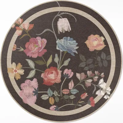 Produktbild von Gestickte bunte Blumen– Vinyl Küchenteppich – fi 90cm – Rutschfest, pflegeleicht & langlebig