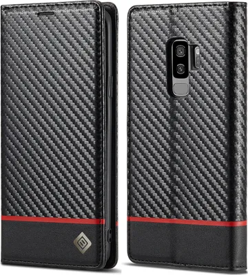 Image de Étui pour Samsung Galaxy S9 Plus Étui en cuir carbone avec porte-cartes, aimant et support noir Horizontal rouge