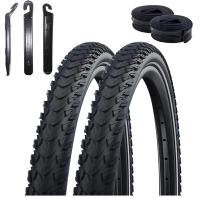 Productafbeelding van 2 x Schwalbe Marathon Plus Tour Performance E-25 fietsbanden, 28 x 1,40 (37-622), zwart/reflecterend + 2 Schwalbe SV17 binnenbanden inclusief bandenlichters
