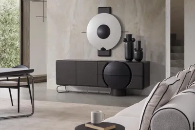 Productafbeelding van Moderne zwarte dressoir met spiegel. Designmeubels voor de woonkamer