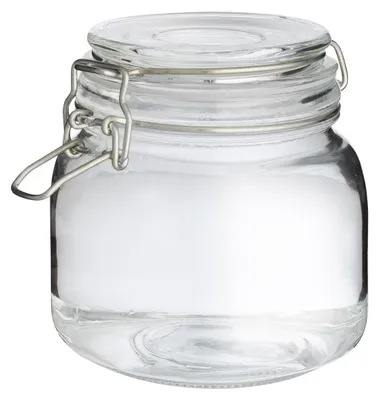 A clear glass jar with a metal clasp lid.